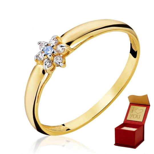 Złoty pierścionek Kwiatek Akwamaryn
