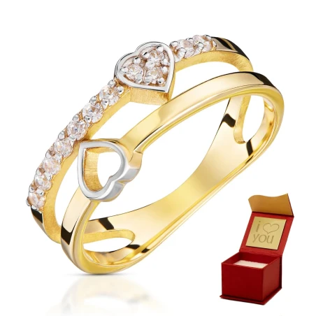 Złoty pierścionek serca 585 białe kamienie