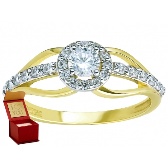 Zaręczynowy złoty pierścionek z białymi kamieniami