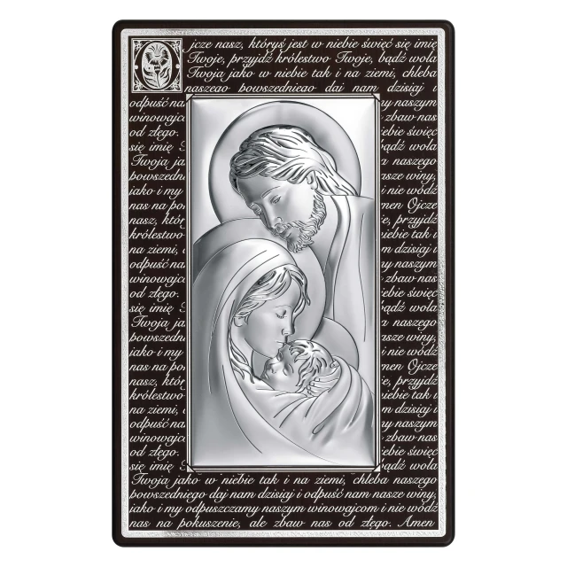 Das Bild der Heiligen Familie auf Bronzeholz mit dem Gebet "Vater unser"