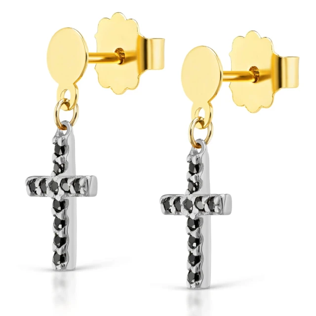 Goldene Ohrringe Mini Kreuze Schwarze Strasssteine Probe 585
