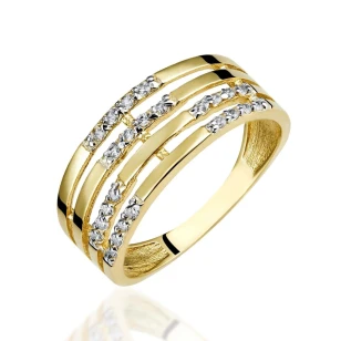 Złoty szeroki pierścionek 585 z cyrkoniami