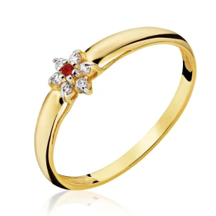 Złoty pierścionek Kwiatek Czerwony próba 585
