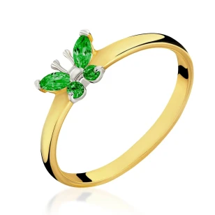 Złoty pierścionek MOTYL zielony próba 585