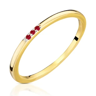 Złoty pierścionek Delikatny okrąg próba 585 czerwone kamienie