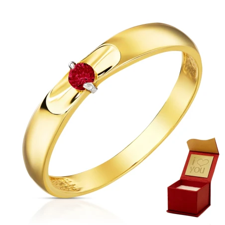 Złoty pierścionek obrączka 585 z czerwoną cyrkonią