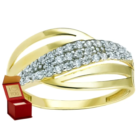 Złoty pierścionek 585 przeplatany wzór cyrkonie