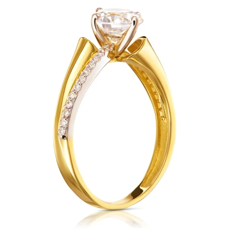 Zaręczynowy złoty pierścionek z białe kamienie