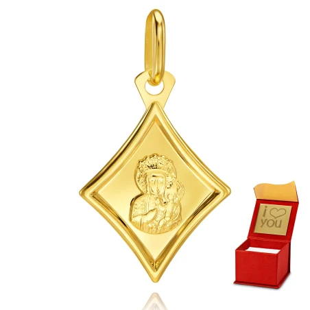 Złoty medalik romb z Matką Boską prezent na chrzest komunię