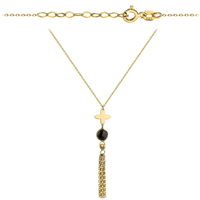 Halskette mit goldener Blume, schwarzem Stein und Ketten
