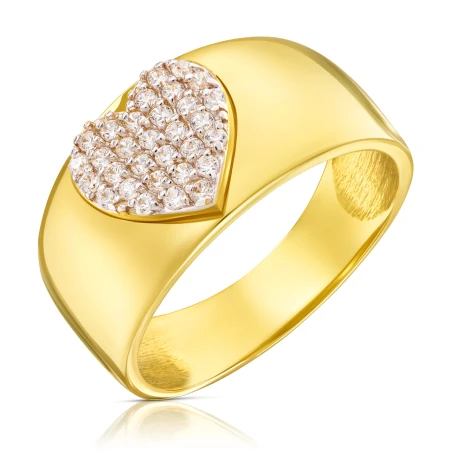 Szeroki złoty pierścionek 585 serce kamienie
