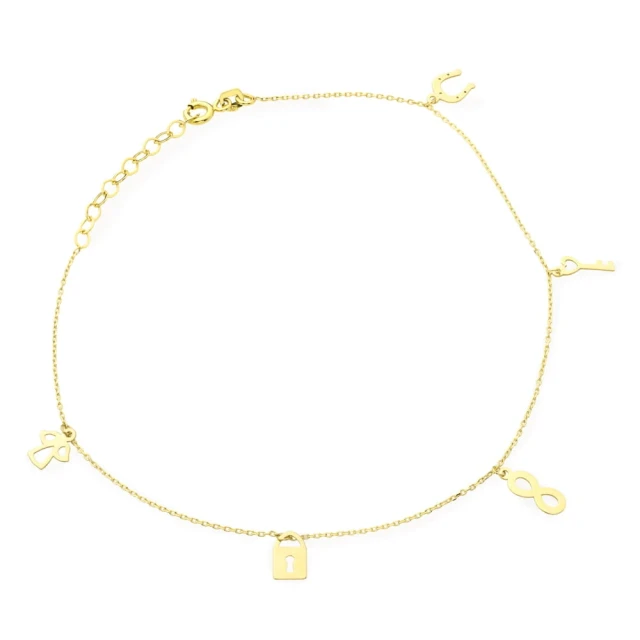 Goldenes Armband für Bein Hufeisen Schlüssel Infinity Vorhängeschloss und Engel