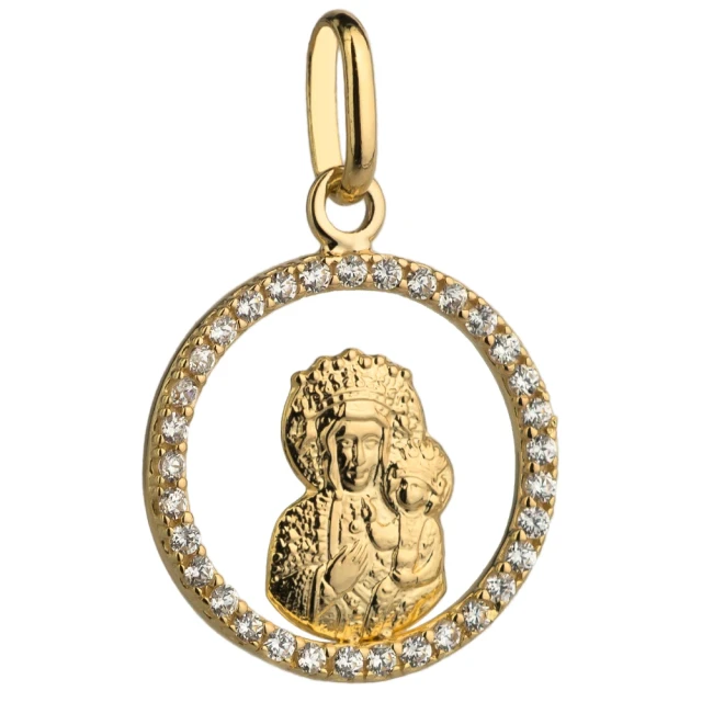 Medaille der Mutter Gottes mit einem Kind in einem mit Strasssteinen besetzten Kreis