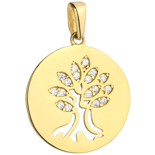 Anhänger goldener Baum in einem Kreis und Blätter aus Zirkonia