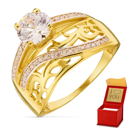 Złoty pierścionek 585 szeroki białe kamienie