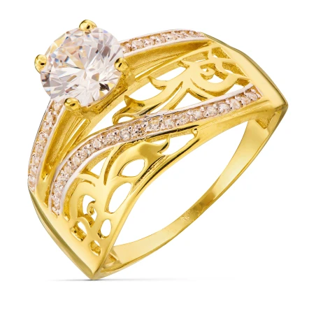 Złoty pierścionek 585 szeroki białe kamienie
