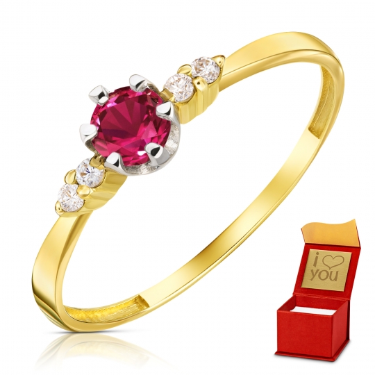 Zaręczynowy złoty pierścionek rubinowy kamień