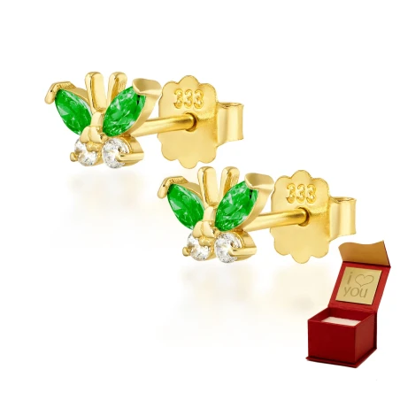 Złote kolczyki z motylkami zielone 585