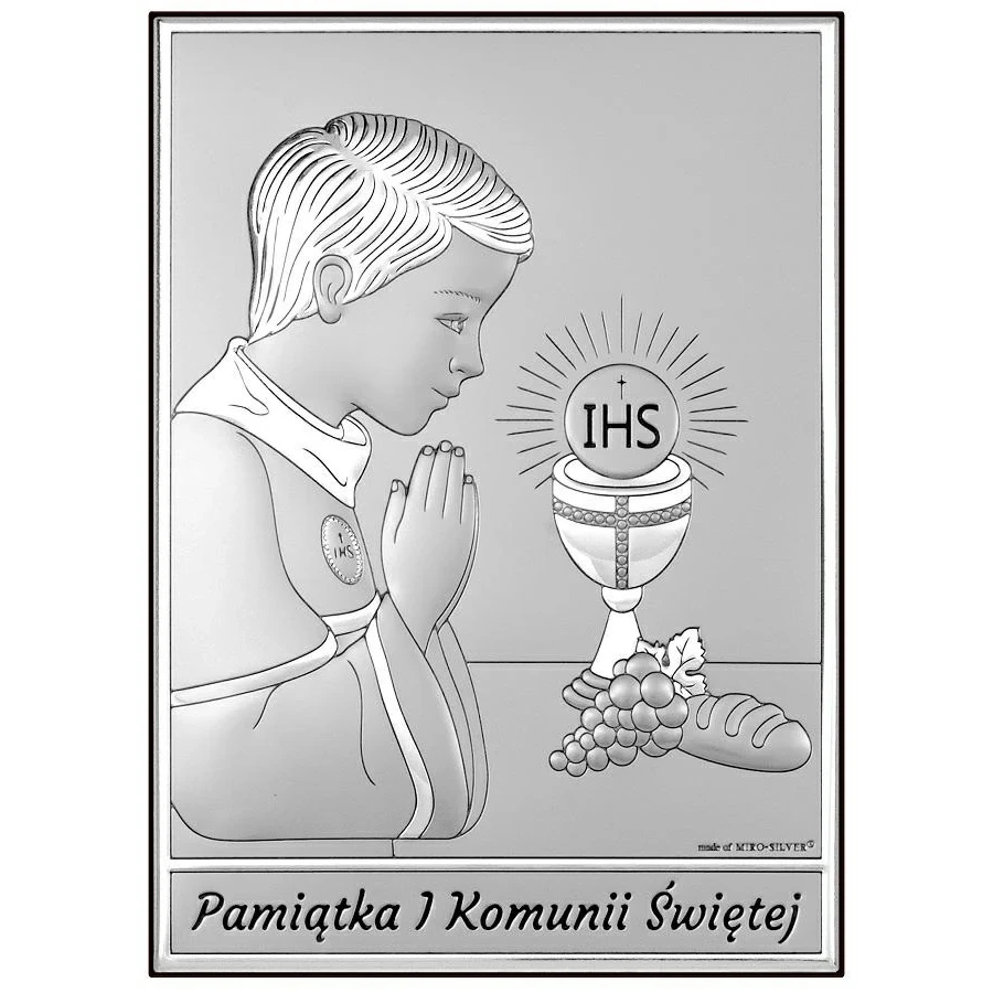 Pamiątka komunijna dla chłopca obrazek srebrny