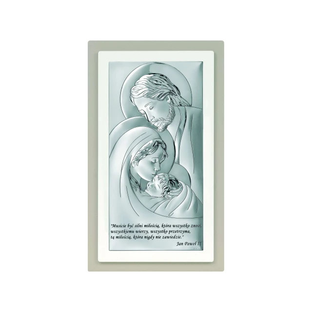 Gemälde der Heiligen Familie mit einem Zitat von Johannes Paul II. auf doppeltem weißem Holz