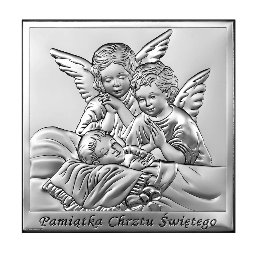 Obrazek Aniołki nad Dzieckiem z podpisem "Pamiątka Chrztu Św."