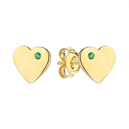 Kolczyki złote serduszko z zieloną cyrkonią z boku