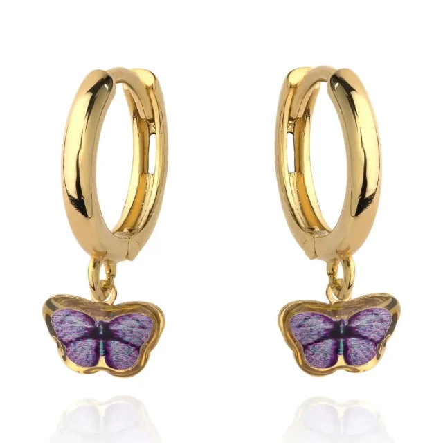 Ohrringe gold lila Schmetterling an einem Kreis aufgehängt