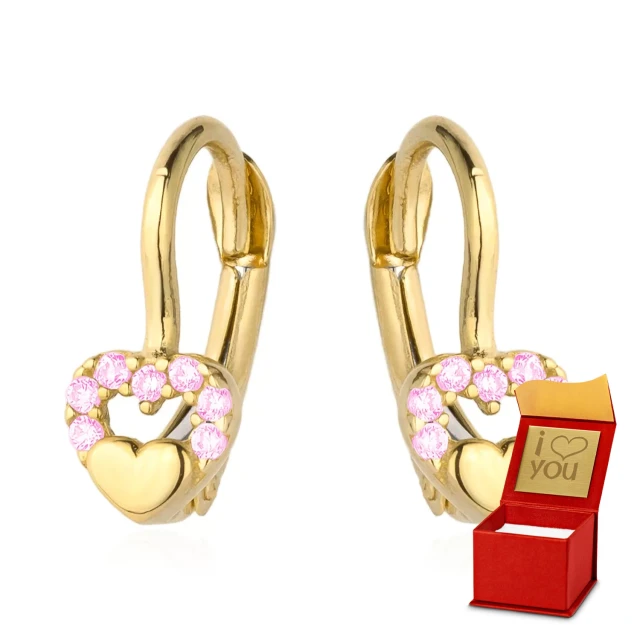 Ohrringe goldenes konvexes Herz im Herzen von rosa Strasssteinen