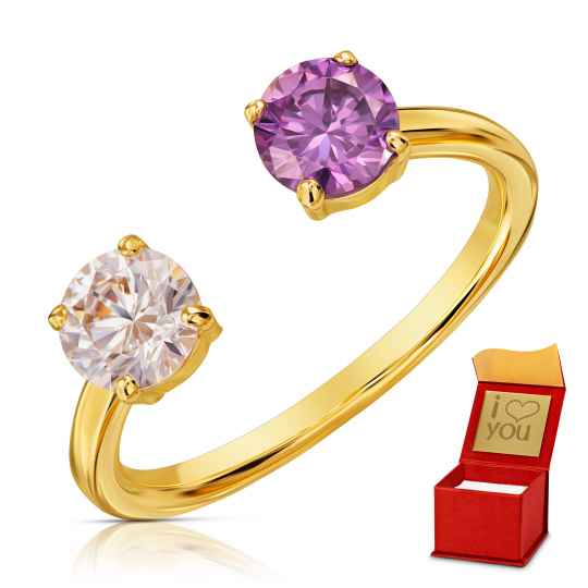 Złoty pierścionek 333 z białą i fioletową cyrkonią