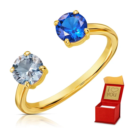 Złoty pierścionek 585 z błękitną i niebieską cyrkonią
