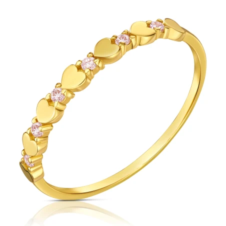 Złoty pierścionek serca różowe kamienie
