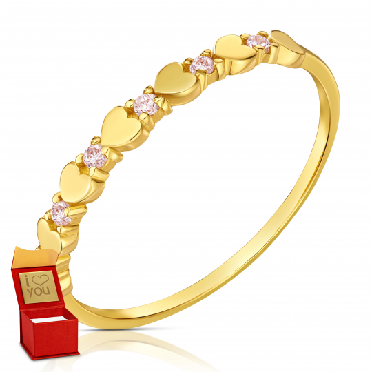 Złoty pierścionek serca 585 różowe kamienie