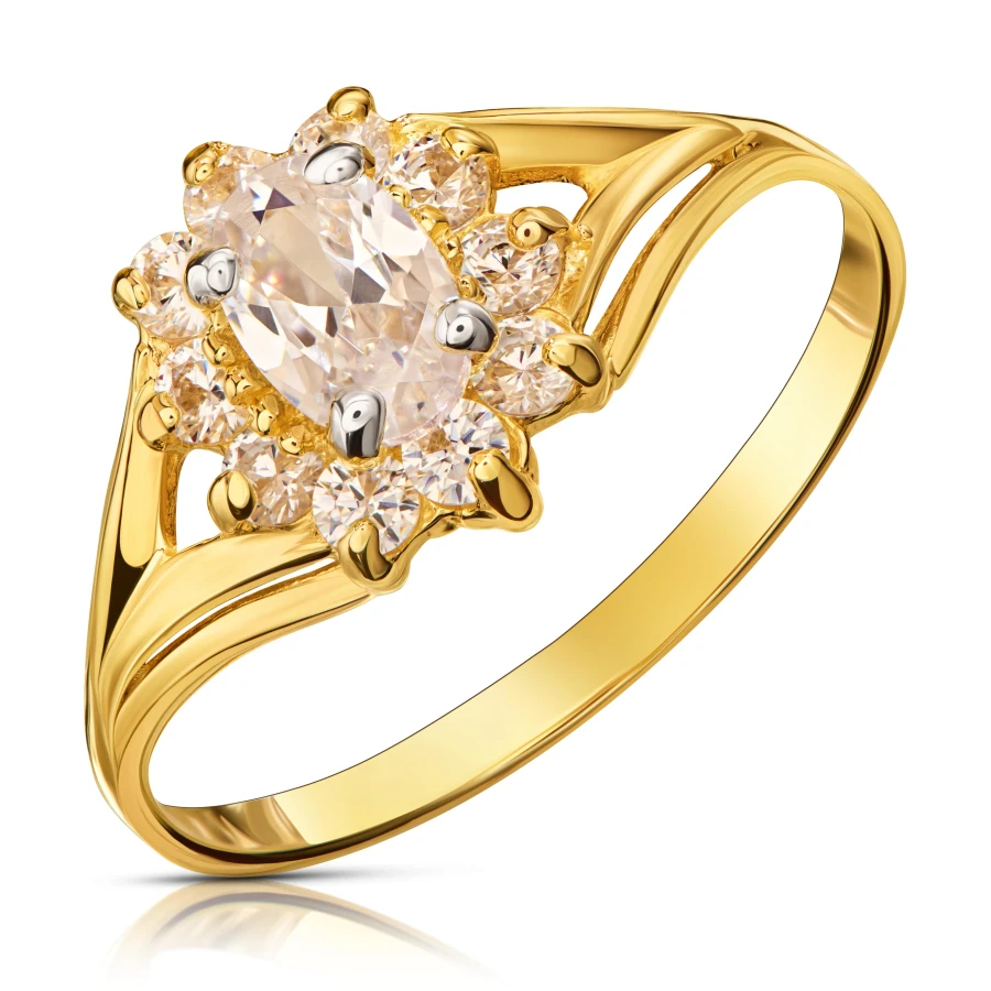 Złoty pierścionek z cyrkoniami 585 kwiatek białe kamienie