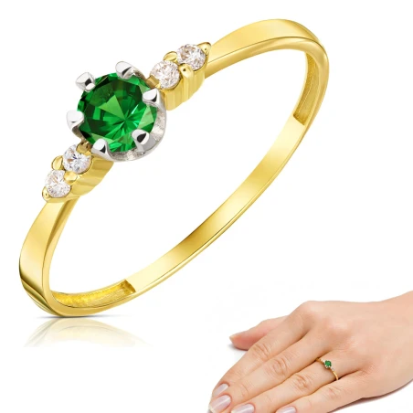 Zaręczynowy złoty pierścionek z zieloną cyrkonią 585