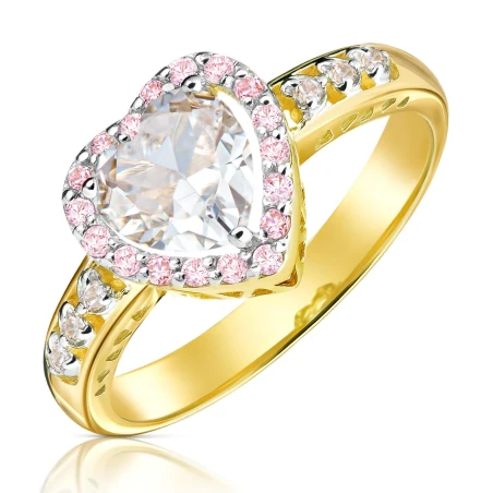 Złoty pierścionek zaręczynowy serce biało różowe
