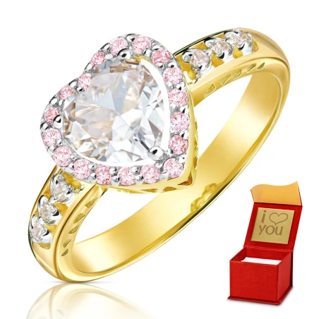 Złoty pierścionek zaręczynowy serce biało różowe