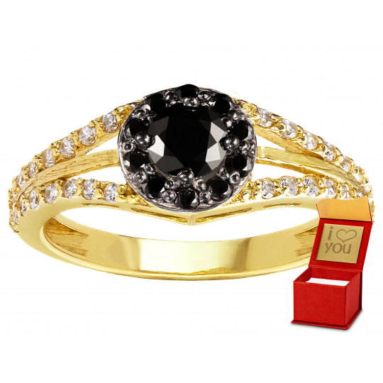 Złoty pierścionek zaręczynowy elegancki czarne kamienie próba 585