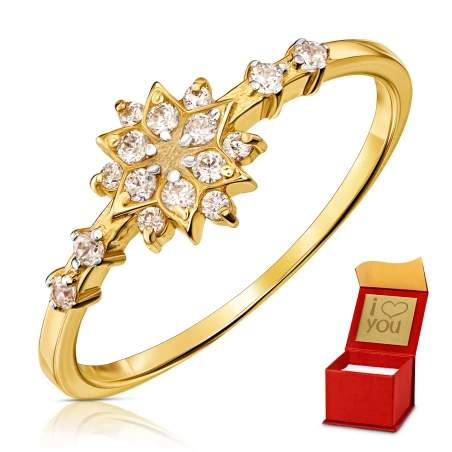 Złoty pierścionek kwiatek białe kamienie