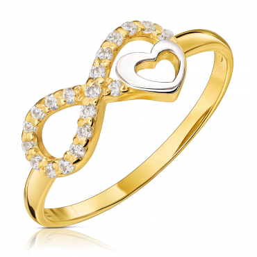 Złoty pierścionek nieskończoność i serce z cyrkoniami