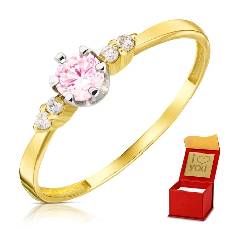 Zaręczynowy złoty pierścionek z różową Cyrkonią
