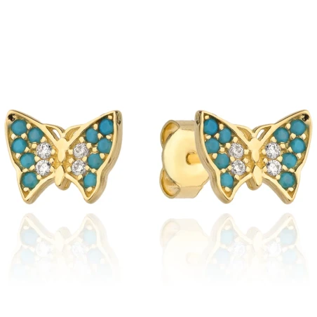 Kolczyki złote motylki z niebieskim kamieniem i białą cyrkonią