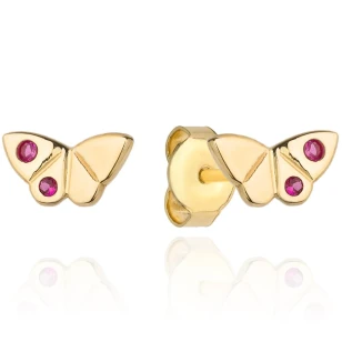 Kolczyki złote motylki z rubinowymi cyrkoniami
