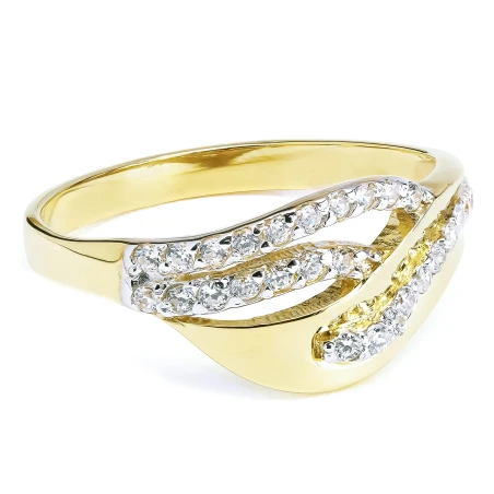 Złoty pierścionek szeroki przeplatany wzór białe cyrkonie 375