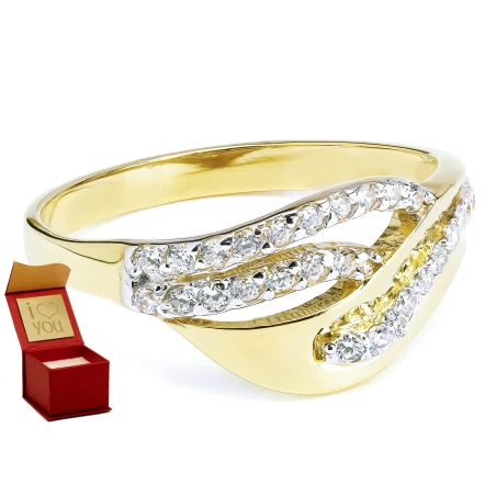 Złoty pierścionek szeroki przeplatany wzór białe cyrkonie 375