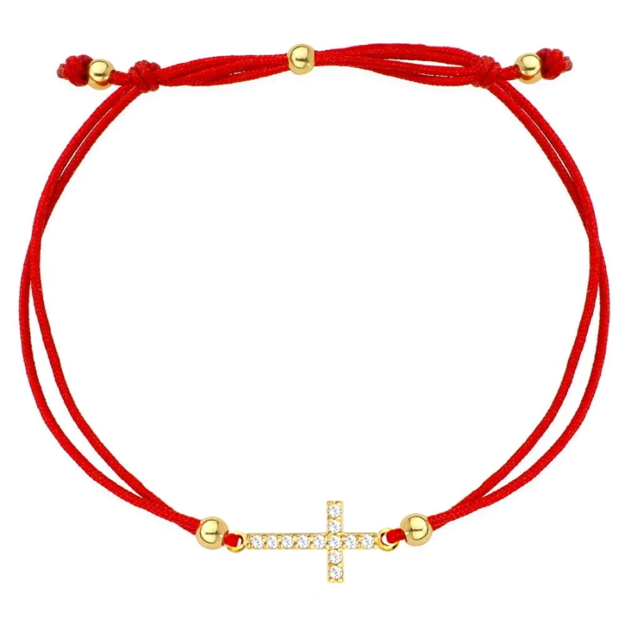 ⭐ Bransoletka złoty krzyżyk z cyrkoniami na czerwonym sznurku ♥ Ergold
