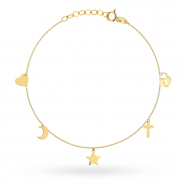 Bransoletka złota z krzyżykiem, gwiazdką, księżycem, sercem i kłódką