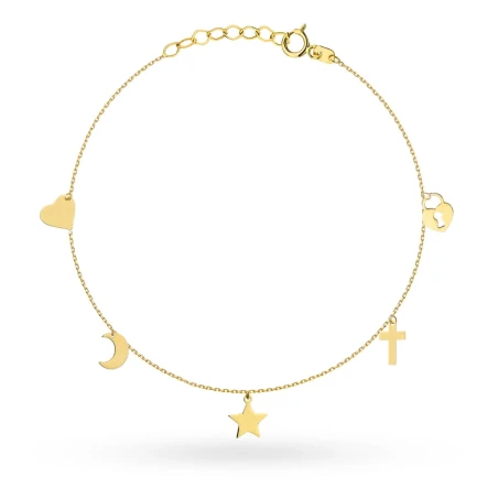 Bransoletka złota z krzyżykiem, gwiazdką, księżycem, sercem i kłódką