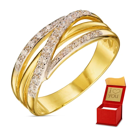 Złoty pierścionek szeroki 585 białe kamienie