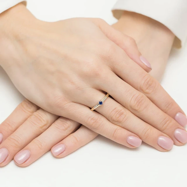 Złoty Pierścionek 585 Z Szafirem Diamenty 0,15ct Certyfikat