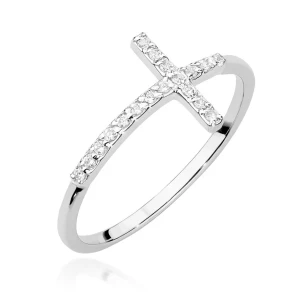 Złoty Pierścionek 585 Białe Złoto Krzyż Brylant Diamenty 0,09ct